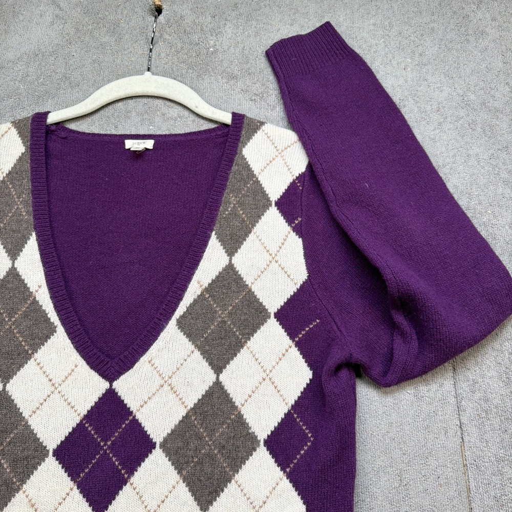 J Crew Argyle V Neck Sweater Lambswool Purple Preppy Golf Mens Medium